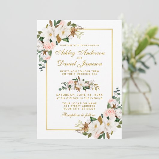 の結婚水色マグノリアスバラフローラ金ゴールド 招待状 (スタンド正面)