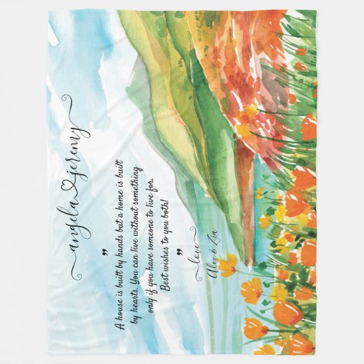 の結婚海、青い空と花の毛布 フリースブランケット (正面)