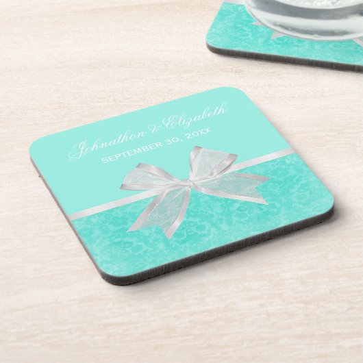 の結婚発表シックなアクアダマスクホワイトボウ コースター (左側)