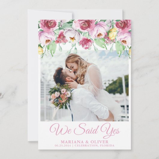 の結婚発表ピンクの水の色フローラ 招待状 (正面)