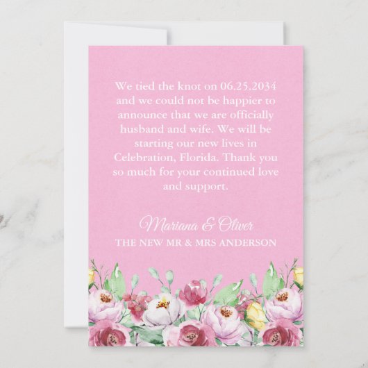 の結婚発表ピンクの水の色フローラ 招待状 (裏面)