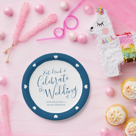 の結婚白いスクリプトと青のハート紙プレート ペーパープレート (パーティー)