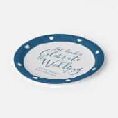 の結婚白いスクリプトと青のハート紙プレート ペーパープレート (アングル)