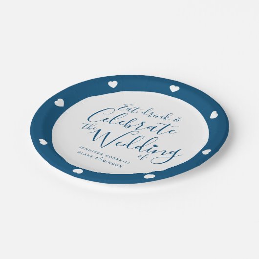 の結婚白いスクリプトと青のハート紙プレート ペーパープレート (アングル)
