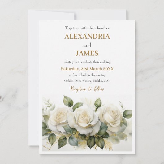 の結婚白いバラの花束 招待状 (正面)