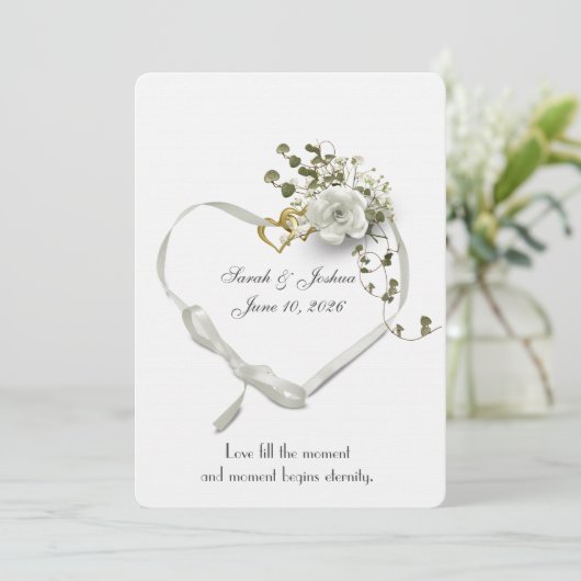 の結婚白いリボンハートとリングや輪招待状 招待状 (スタンド正面)