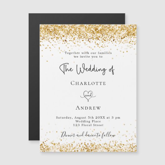 の結婚白金ゴールドグリッタースクリプエレガントト マグネット招待状 (正面/裏面)