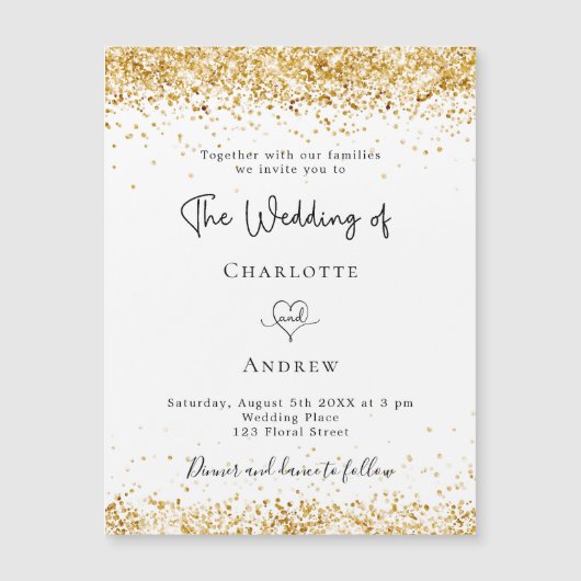 の結婚白金ゴールドグリッタースクリプエレガントト マグネット招待状 (正面)