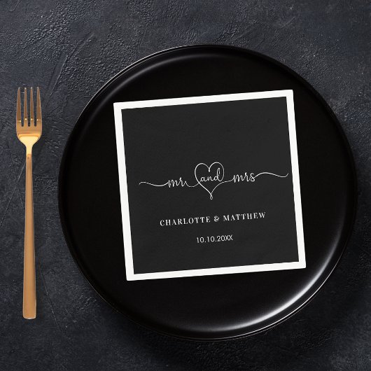 の結婚白黒mr mrsハートスクリプトシンプル スタンダードカクテルナプキン