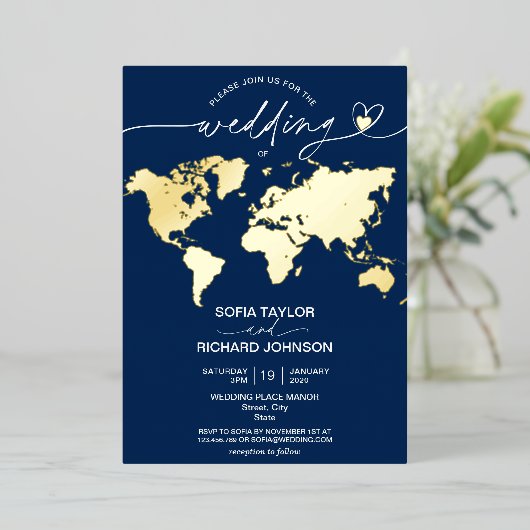 の結婚目的地の世界地図タイポグラフィ金ゴールド海軍 箔招待状 (立ち正面)