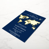 の結婚目的地の世界地図タイポグラフィ金ゴールド海軍 箔招待状 (回転した状態)