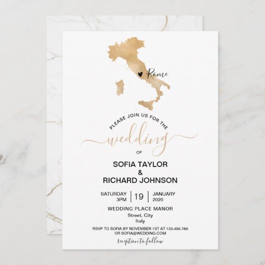 の結婚目的地イタリア金ゴールド可動ハート 招待状 (正面/裏面)