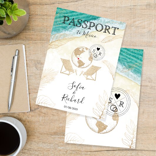 の結婚目的地メキシコのパスポート金ゴールド世界地図 招待状