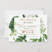 の結婚緑のモンステ葉ラのフレームの水色 出欠カード (正面)