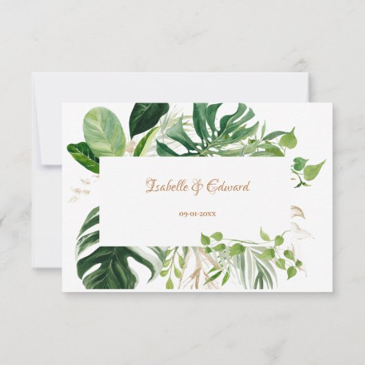 の結婚緑のモンステ葉ラのフレームの水色 出欠カード (裏面)