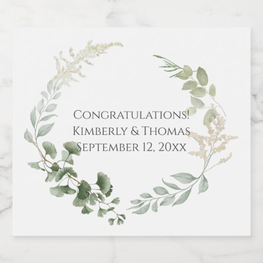 の結婚緑のユーカリの水色名日付 スパークリングワインラベル (シングルラベル)