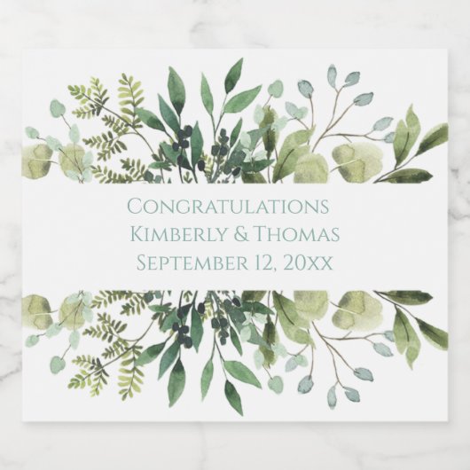 の結婚緑のユーカリの水色名日付 スパークリングワインラベル (シングルラベル)