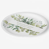 の結婚緑のユーカリの水色名日付 ペーパープレート (アングル)