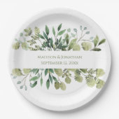 の結婚緑のユーカリの水色名日付 ペーパープレート (正面)