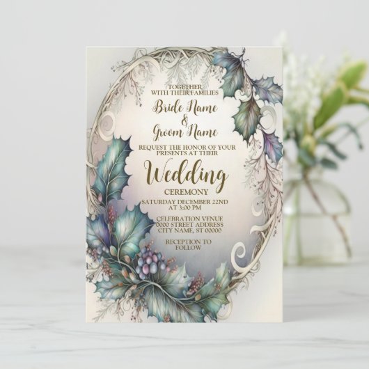 の結婚緑の紫の葉のフレームエレガントゴールデン 招待状 (スタンド正面)