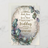 の結婚緑の紫の葉のフレームエレガントゴールデン 招待状 (正面/裏面)