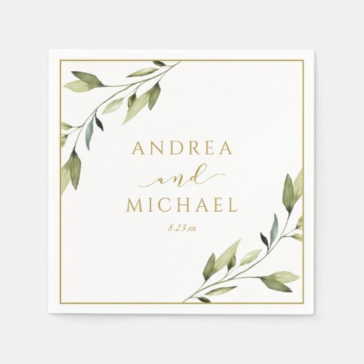の結婚緑の金ゴールド葉つる植物 スタンダードカクテルナプキン (正面)