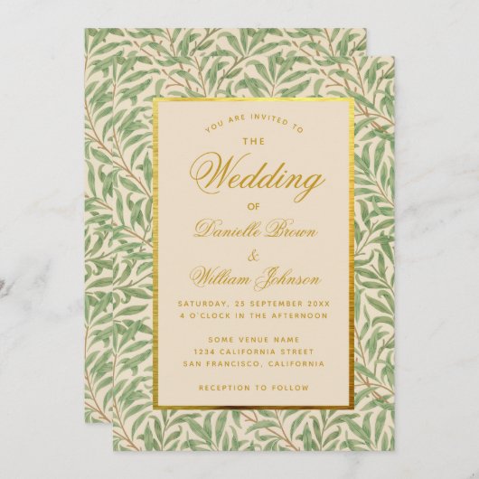 の結婚緑の離れ金ゴールドフェイクモリスウィロー 招待状 (正面/裏面)