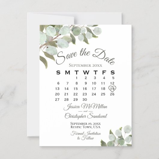 の結婚緑はカレンダーの白を保存 マグネット招待状 (正面)