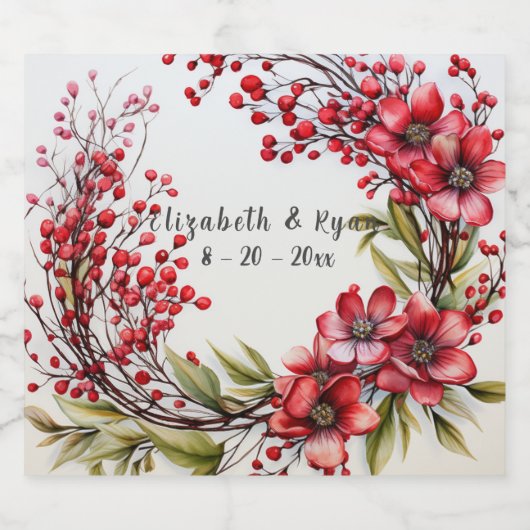 の結婚美しい赤い花離れが緑色 スパークリングワインラベル (シングルラベル)