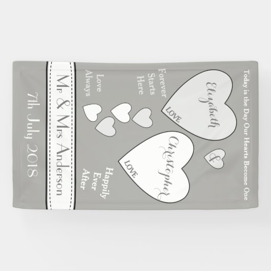 の結婚背景グレーと白と愛のハート 横断幕 (横)