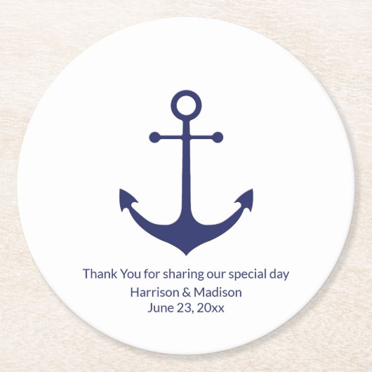 の結婚航海のいかりネイビー・ブルー・ホワイト ラウンドペーパーコースター (正面)