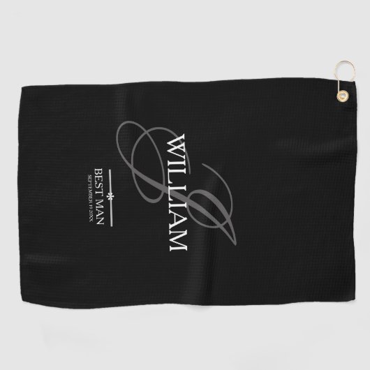 の結婚花婿介添人ギフトのモノグラム名モダンクール ゴルフタオル (横)