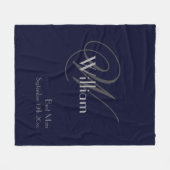 の結婚花婿介添人ギフトモダンモノグラムネイビーブルー フリースブランケット (正面(横))