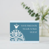の結婚花嫁が日付を保存する調和青いカード 案内ポストカード (スタンド正面)