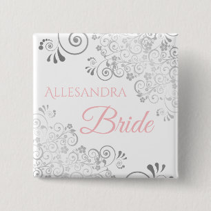 の結婚花嫁の名前タグピンクとグレーのフリル 缶バッジ