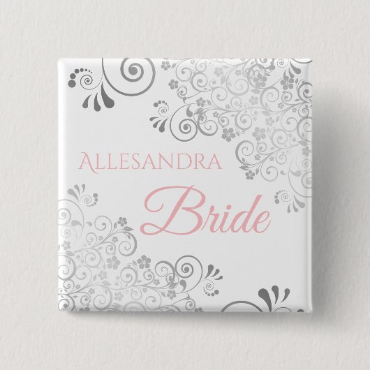 の結婚花嫁の名前タグピンクとグレーのフリル 缶バッジ (正面)
