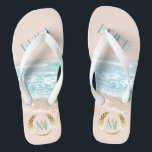 の結婚花嫁フリップフロップ |モノグラモダンムビーチ ビーチサンダル<br><div class="desc">の結婚Bride FlipFLops |モノグラムモダン幾何学的ビーチ結婚式 |ビーチ結婚式の招待状モダンに対するツイストユニーク- ©WhimsisticalArtwork™はBarefootBride™用に設計されたオフセットテラリウムスタイルの幾何学形状を特徴とし、ファセットに透明度が異なるので、熱帯海ビーチの背景をさまざまな形状と強度で表示できる。文字のタイポグラフィのアプローチよくはしゃぐ – 花嫁と花婿のファーストネームイニシャルは、2つの色(ティール（緑がかった色）と金ゴールド)でlaurelリースに囲ま後を追れ、セリフのレタリングはミュートされた灰色の青い緑(海から拾った)の（背景の波から拾った）と。招待の前結婚でクリーンとシンプル詳細 – 背面の調整の熱帯ビーチデザイン。すべての文字フォントのスタイルと色を含むカスタマイズ可能もし – あなたは必要に救済は無料で感じす。</div>