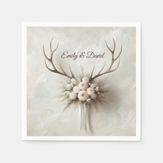 の結婚花束と鹿の〔雄ジカの〕枝角 スタンダードカクテルナプキン (正面)