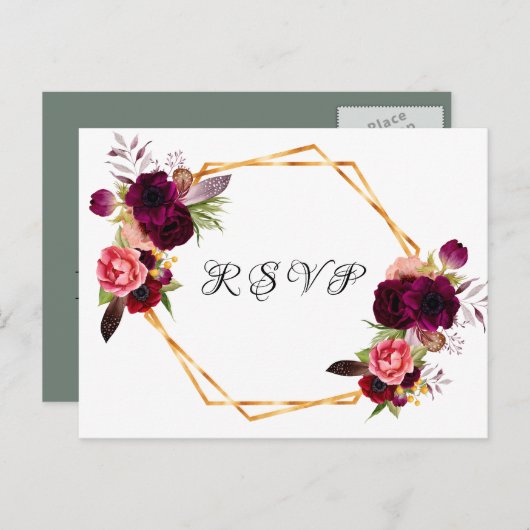 の結婚花模様ブルゴーニュ幾何学聖域グリーンRSVP インビテーションポストカード (正面/裏面)