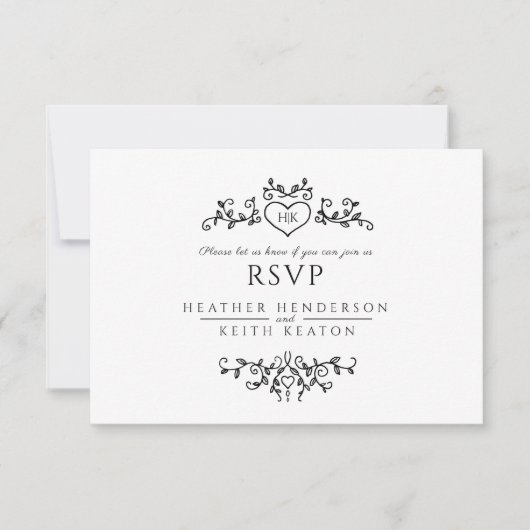 の結婚葉の芸術モノグラムの白黒ミー結婚ズ 出欠カード (正面)