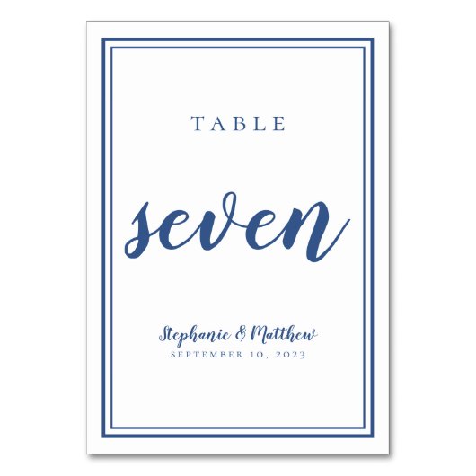 の結婚表の番号7シンプル青と白 テーブルナンバー (裏面)