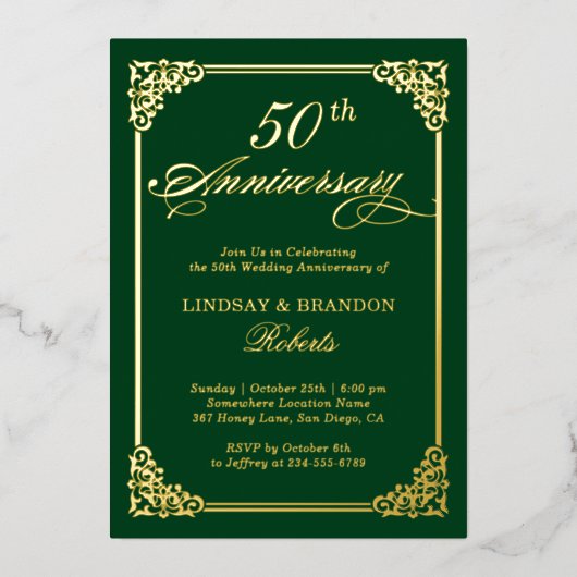 の結婚記念エレガント枠の緑の金ゴールド実在 箔招待状 (正面)