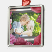 の結婚記念日のバラストライプ、カスタム写真 メタルオーナメント (左)