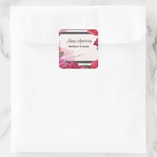 の結婚記念日のバラストライプ、名前をカスタムする スクエアシール (バッグ)