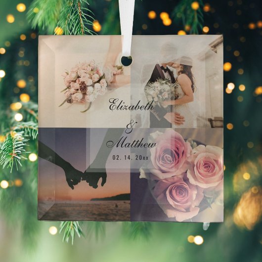 の結婚記念日の新郎新婦フォトコラージュ ガラスオーナメント