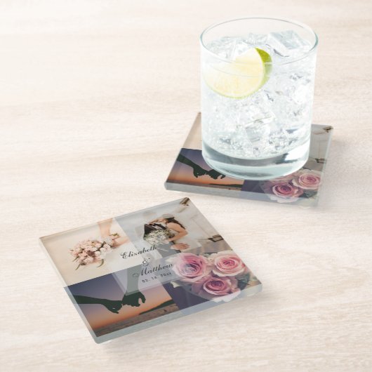 の結婚記念日の新郎新婦フォトコラージュ ガラスコースター (アングル)