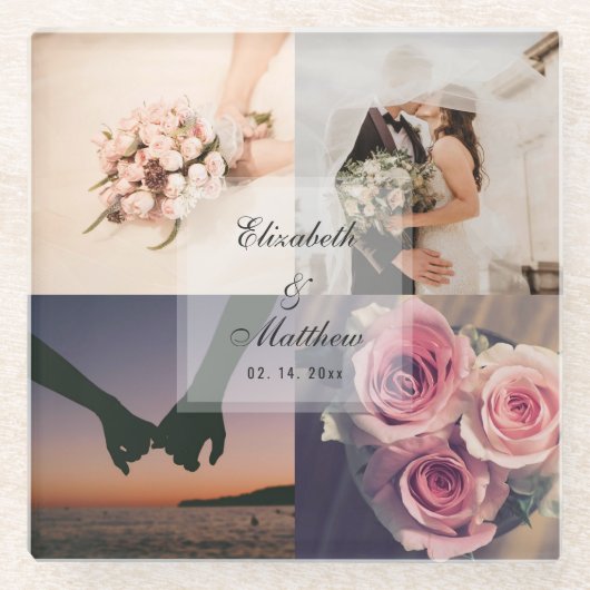 の結婚記念日の新郎新婦フォトコラージュ ガラスコースター (正面)