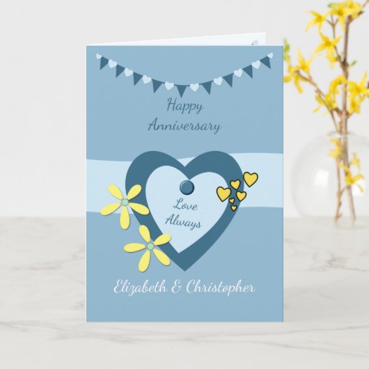 の結婚記念日の青とバンティングとハート カード (黄色い花)