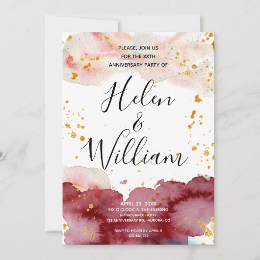 の結婚記念日金ゴールドとブルゴーニュ 招待状 (正面)