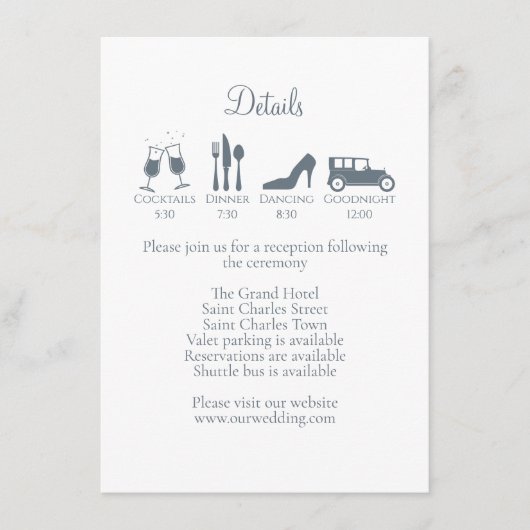 の結婚詳細がダスティ結婚ブルーのタイムライン エンクロージャーカード (正面)